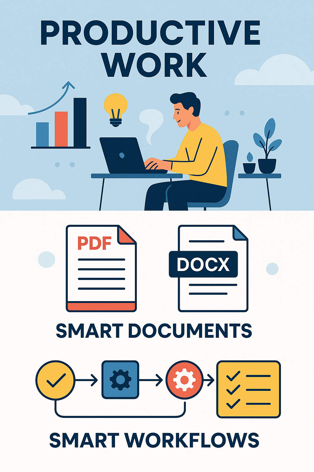 Infographic showing smart workflows and productive work with OptiFlo AI
